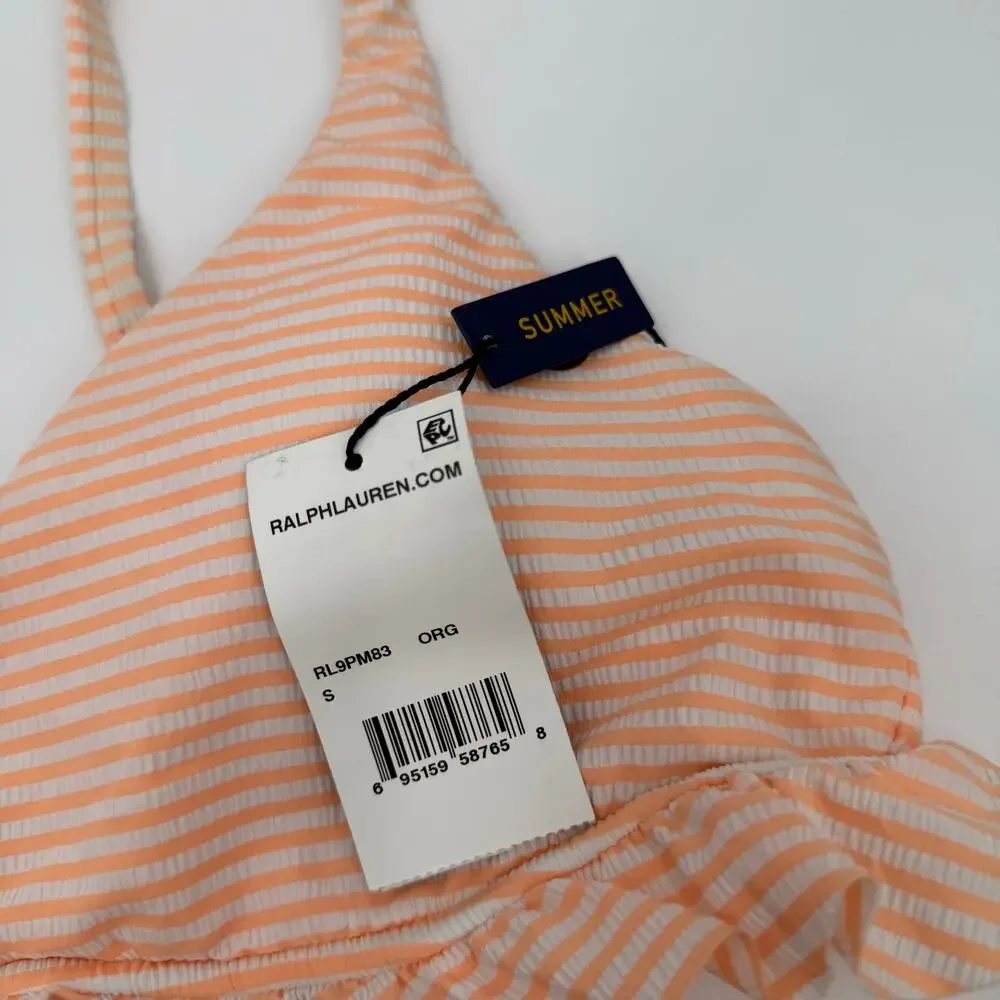 Polo Ralph Lauren Bikini Top SZ Small NWT Seersucker Ruffle Orange White Stripe